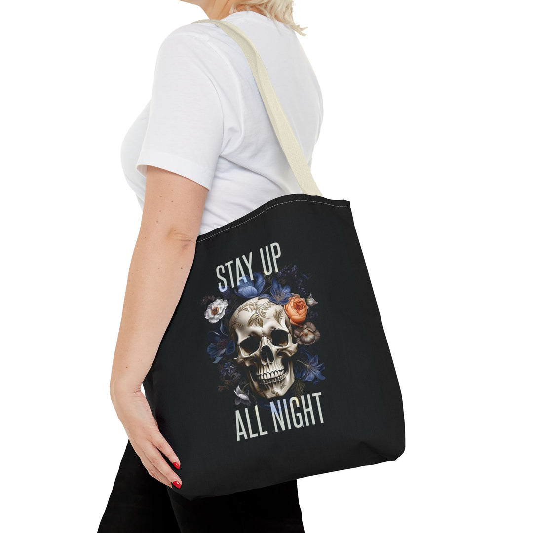 Skull & Floral Tote Bag, Stay Up All Night, Black AOP, Unique Gift, Festival Accessory, Eco-Friendly Shopping Bag