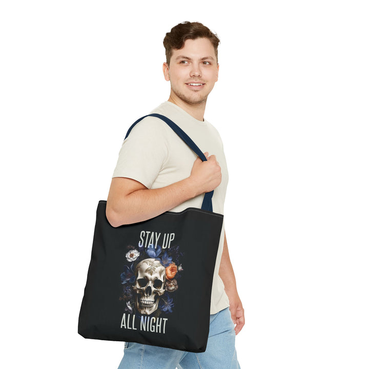 Skull & Floral Tote Bag, Stay Up All Night, Black AOP, Unique Gift, Festival Accessory, Eco-Friendly Shopping Bag