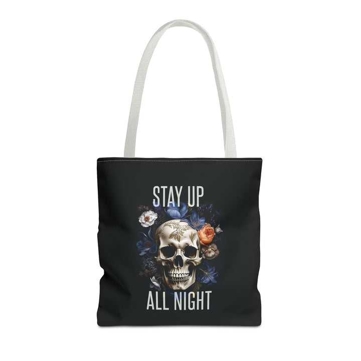 Skull & Floral Tote Bag, Stay Up All Night, Black AOP, Unique Gift, Festival Accessory, Eco-Friendly Shopping Bag