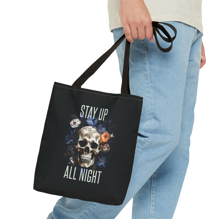 Skull & Floral Tote Bag, Stay Up All Night, Black AOP, Unique Gift, Festival Accessory, Eco-Friendly Shopping Bag