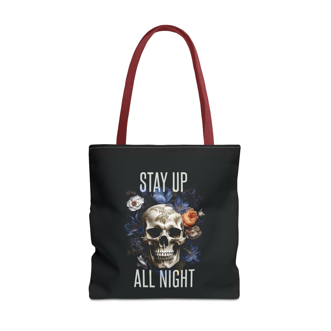 Skull & Floral Tote Bag, Stay Up All Night, Black AOP, Unique Gift, Festival Accessory, Eco-Friendly Shopping Bag