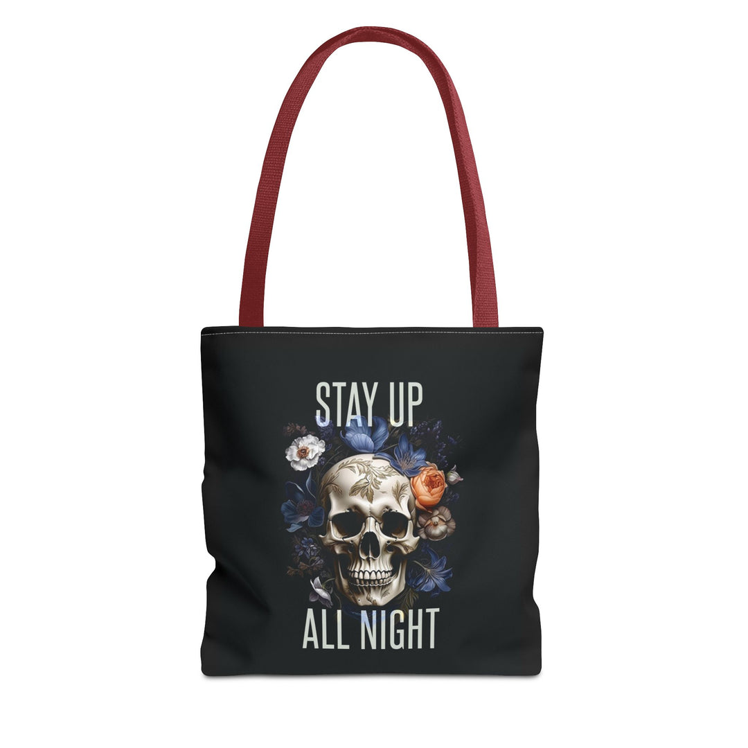 Skull & Floral Tote Bag, Stay Up All Night, Black AOP, Unique Gift, Festival Accessory, Eco-Friendly Shopping Bag