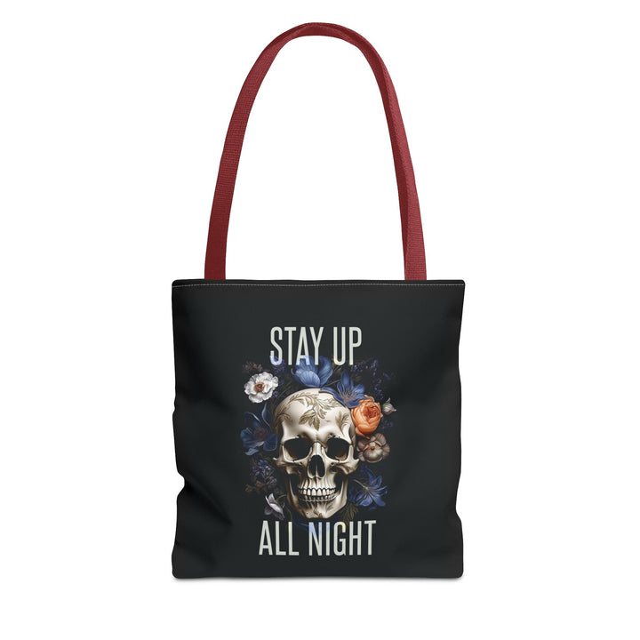 Skull & Floral Tote Bag, Stay Up All Night, Black AOP, Unique Gift, Festival Accessory, Eco-Friendly Shopping Bag