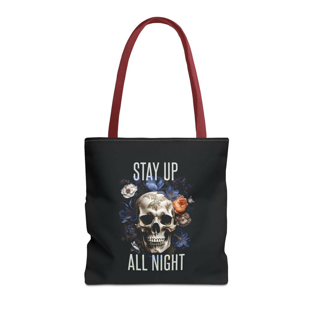 Skull & Floral Tote Bag, Stay Up All Night, Black AOP, Unique Gift, Festival Accessory, Eco-Friendly Shopping Bag