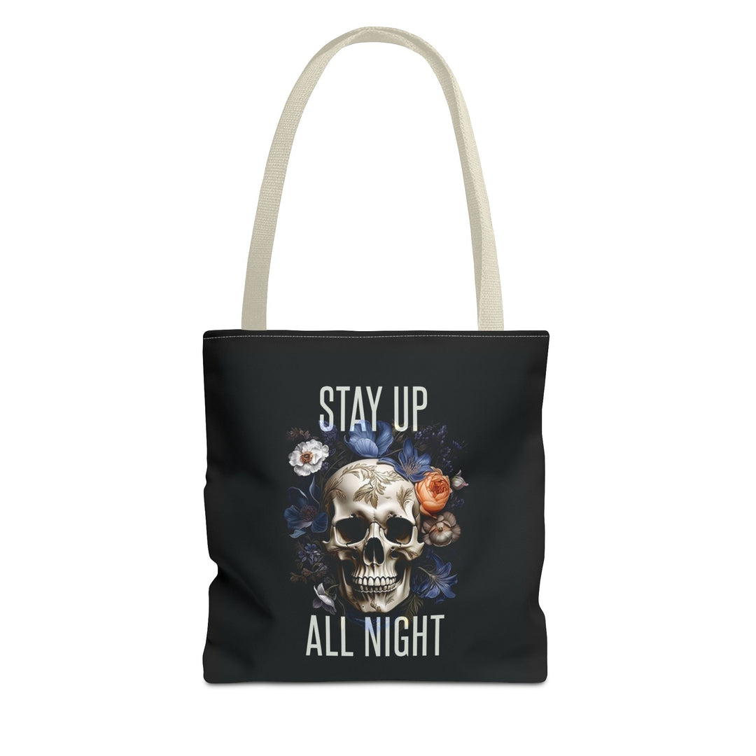 Skull & Floral Tote Bag, Stay Up All Night, Black AOP, Unique Gift, Festival Accessory, Eco-Friendly Shopping Bag