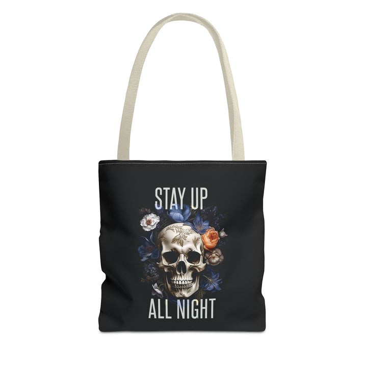 Skull & Floral Tote Bag, Stay Up All Night, Black AOP, Unique Gift, Festival Accessory, Eco-Friendly Shopping Bag