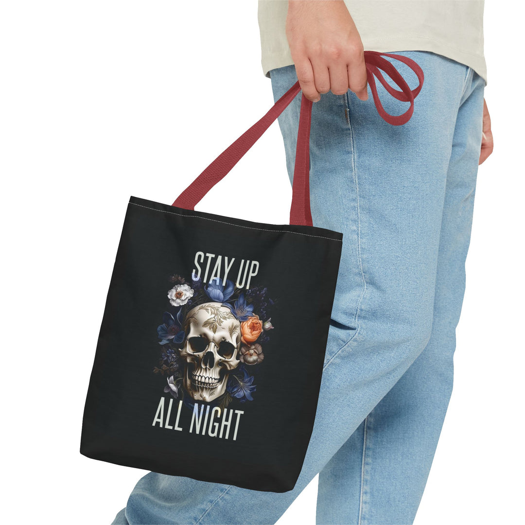 Skull & Floral Tote Bag, Stay Up All Night, Black AOP, Unique Gift, Festival Accessory, Eco-Friendly Shopping Bag