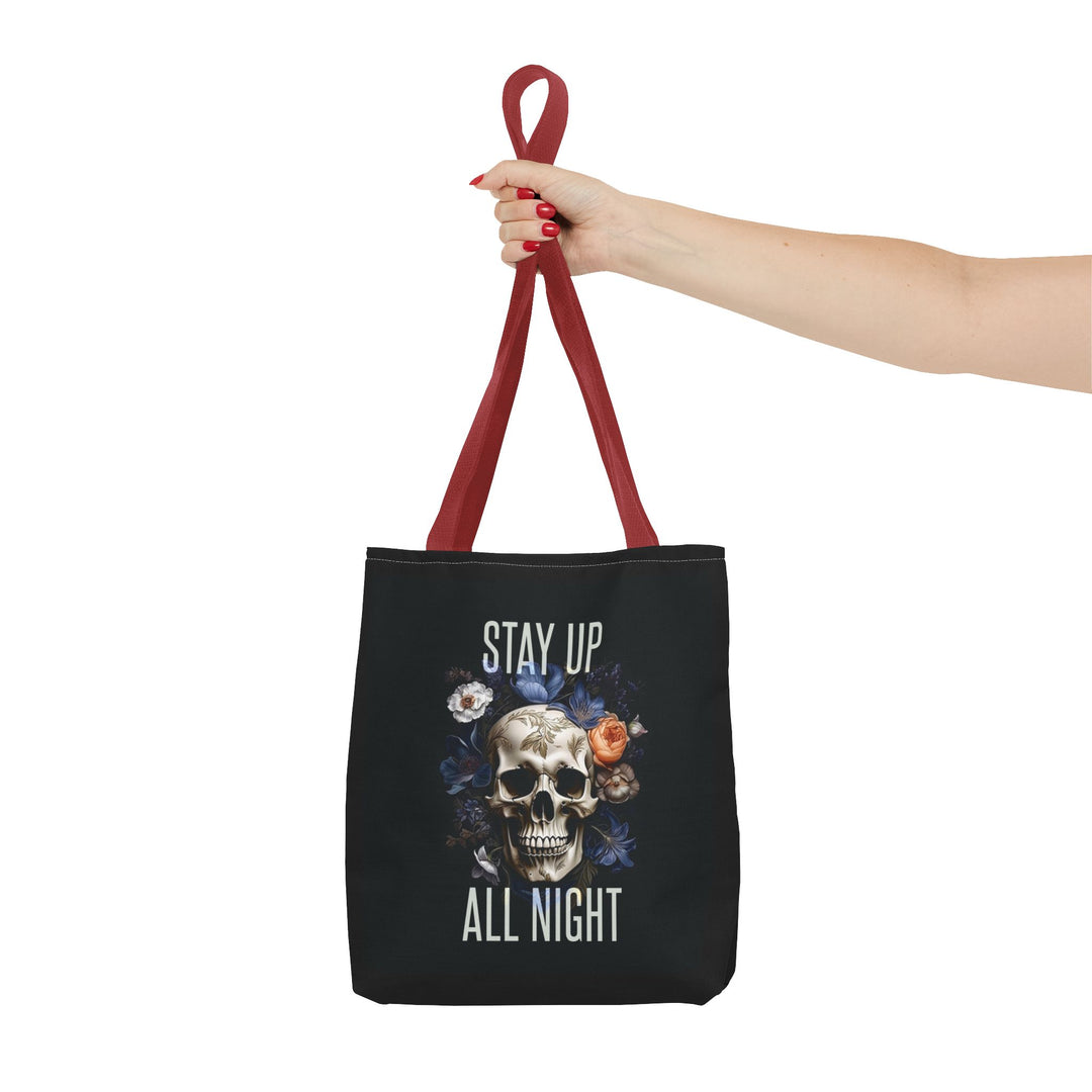 Skull & Floral Tote Bag, Stay Up All Night, Black AOP, Unique Gift, Festival Accessory, Eco-Friendly Shopping Bag