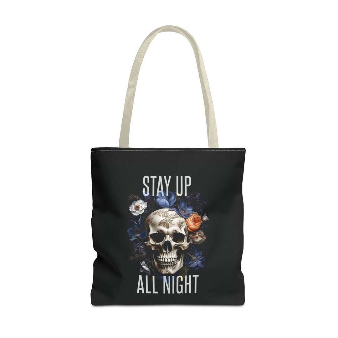 Skull & Floral Tote Bag, Stay Up All Night, Black AOP, Unique Gift, Festival Accessory, Eco-Friendly Shopping Bag