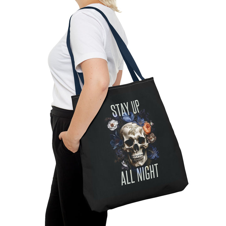 Skull & Floral Tote Bag, Stay Up All Night, Black AOP, Unique Gift, Festival Accessory, Eco-Friendly Shopping Bag