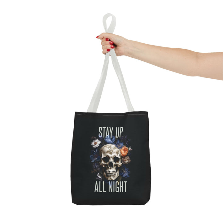 Skull & Floral Tote Bag, Stay Up All Night, Black AOP, Unique Gift, Festival Accessory, Eco-Friendly Shopping Bag