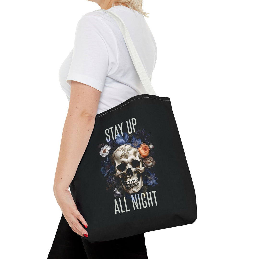 Skull & Floral Tote Bag, Stay Up All Night, Black AOP, Unique Gift, Festival Accessory, Eco-Friendly Shopping Bag