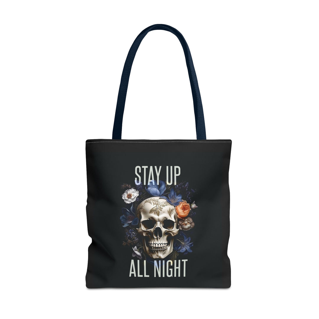 Skull & Floral Tote Bag, Stay Up All Night, Black AOP, Unique Gift, Festival Accessory, Eco-Friendly Shopping Bag