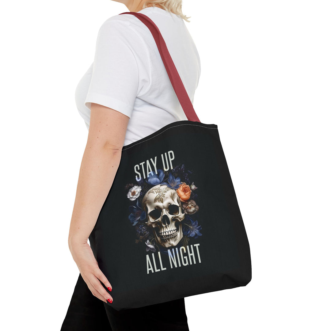 Skull & Floral Tote Bag, Stay Up All Night, Black AOP, Unique Gift, Festival Accessory, Eco-Friendly Shopping Bag