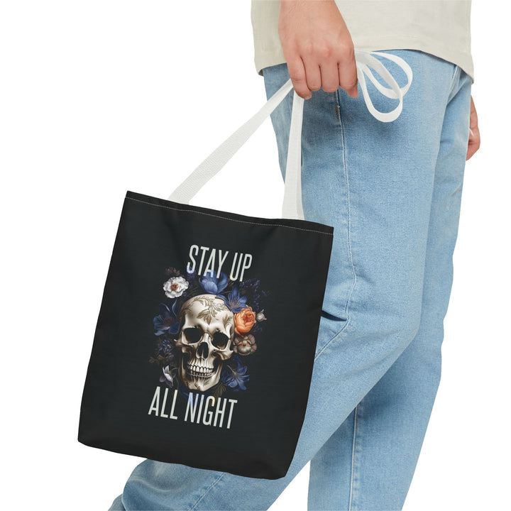 Skull & Floral Tote Bag, Stay Up All Night, Black AOP, Unique Gift, Festival Accessory, Eco-Friendly Shopping Bag