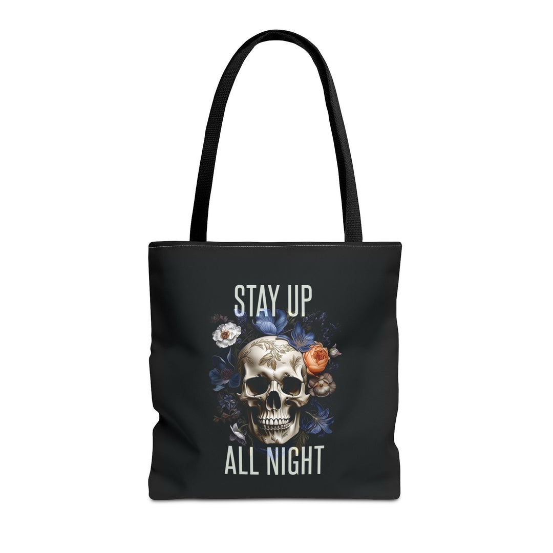 Skull & Floral Tote Bag, Stay Up All Night, Black AOP, Unique Gift, Festival Accessory, Eco-Friendly Shopping Bag