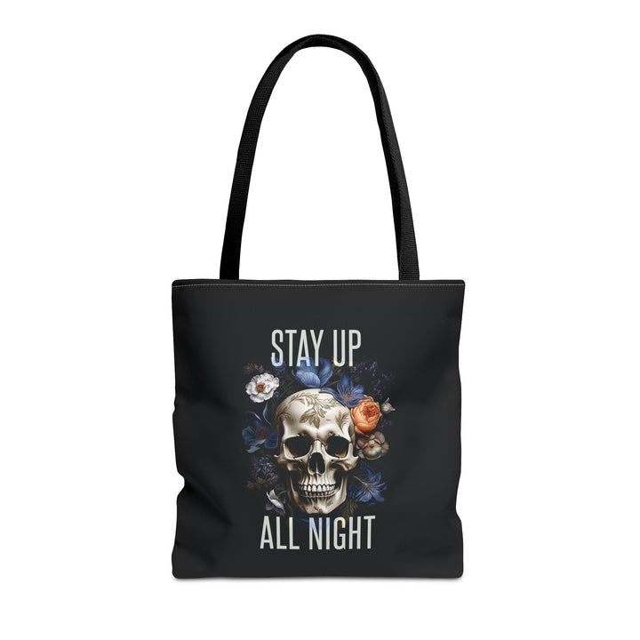 Skull & Floral Tote Bag, Stay Up All Night, Black AOP, Unique Gift, Festival Accessory, Eco-Friendly Shopping Bag