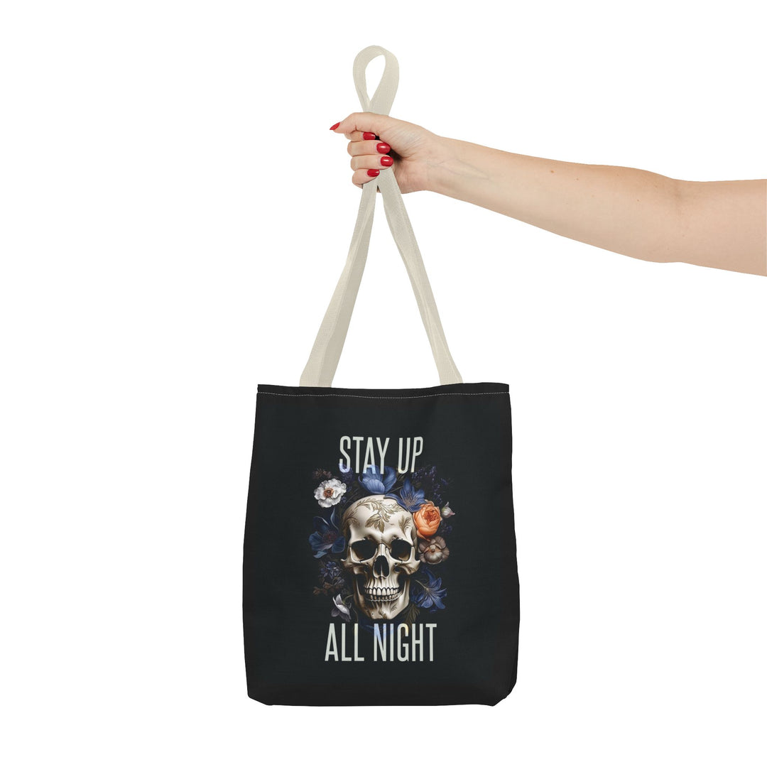 Skull & Floral Tote Bag, Stay Up All Night, Black AOP, Unique Gift, Festival Accessory, Eco-Friendly Shopping Bag