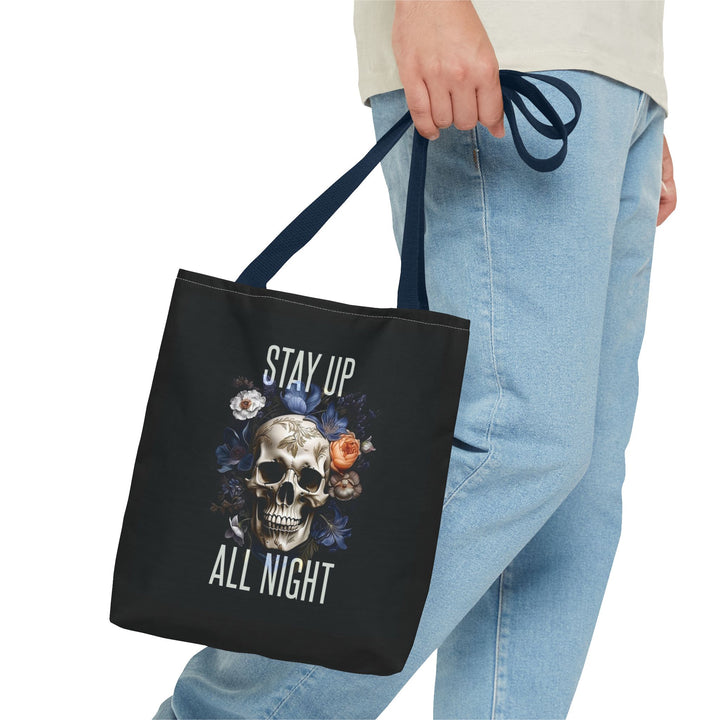 Skull & Floral Tote Bag, Stay Up All Night, Black AOP, Unique Gift, Festival Accessory, Eco-Friendly Shopping Bag