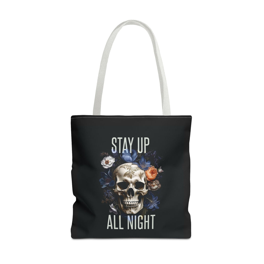 Skull & Floral Tote Bag, Stay Up All Night, Black AOP, Unique Gift, Festival Accessory, Eco-Friendly Shopping Bag