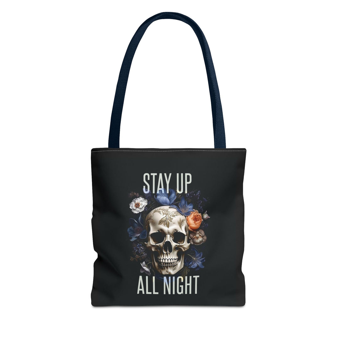Skull & Floral Tote Bag, Stay Up All Night, Black AOP, Unique Gift, Festival Accessory, Eco-Friendly Shopping Bag