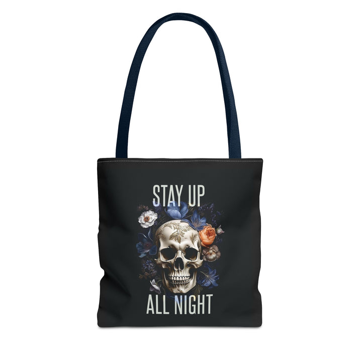 Skull & Floral Tote Bag, Stay Up All Night, Black AOP, Unique Gift, Festival Accessory, Eco-Friendly Shopping Bag