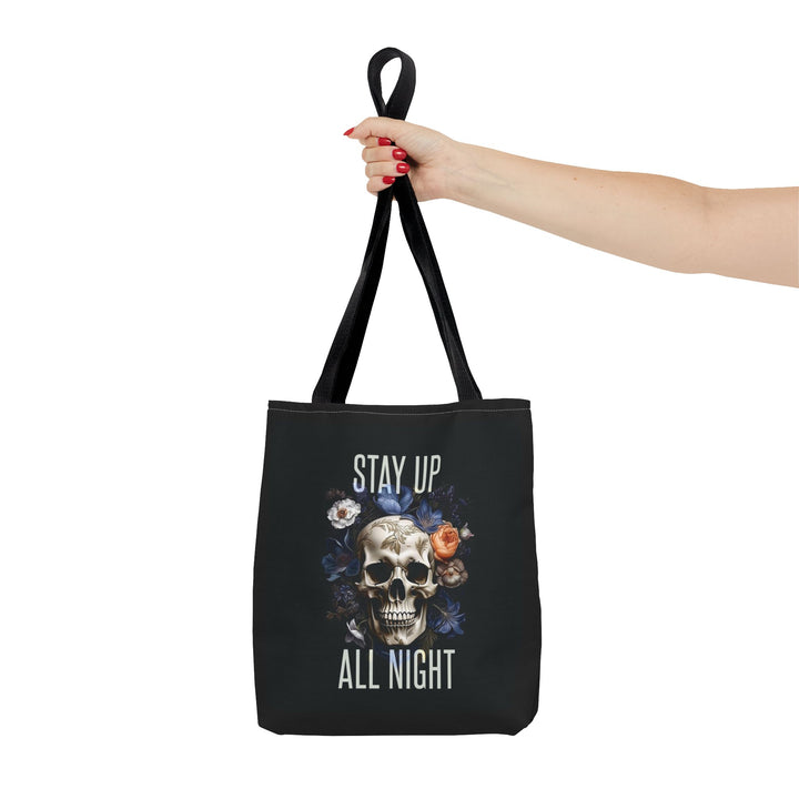 Skull & Floral Tote Bag, Stay Up All Night, Black AOP, Unique Gift, Festival Accessory, Eco-Friendly Shopping Bag