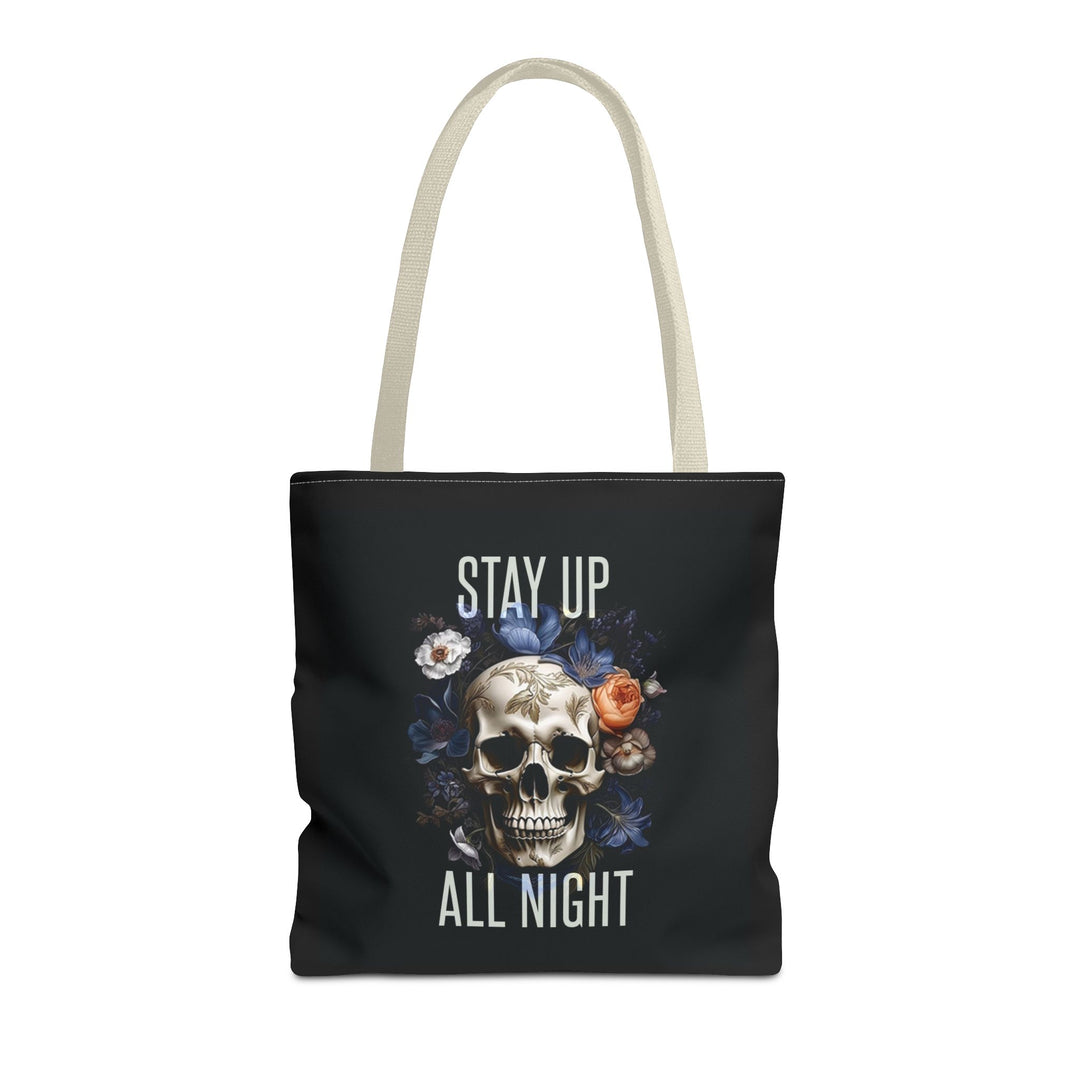 Skull & Floral Tote Bag, Stay Up All Night, Black AOP, Unique Gift, Festival Accessory, Eco-Friendly Shopping Bag