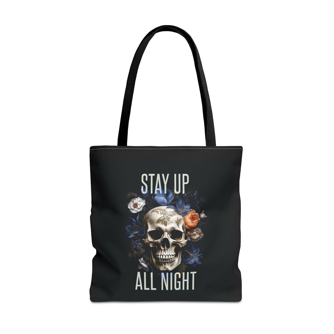 Skull & Floral Tote Bag, Stay Up All Night, Black AOP, Unique Gift, Festival Accessory, Eco-Friendly Shopping Bag