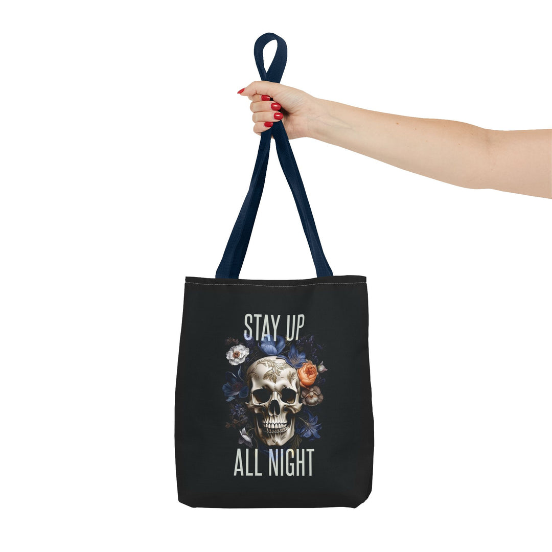 Skull & Floral Tote Bag, Stay Up All Night, Black AOP, Unique Gift, Festival Accessory, Eco-Friendly Shopping Bag