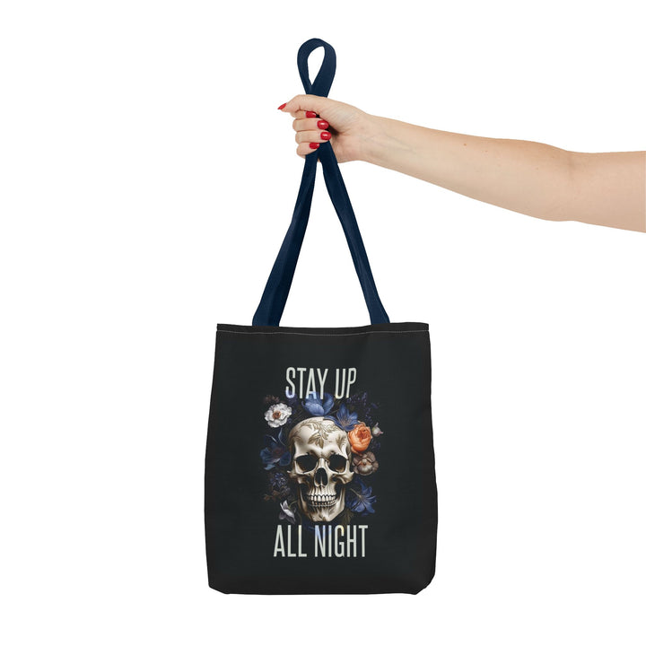 Skull & Floral Tote Bag, Stay Up All Night, Black AOP, Unique Gift, Festival Accessory, Eco-Friendly Shopping Bag
