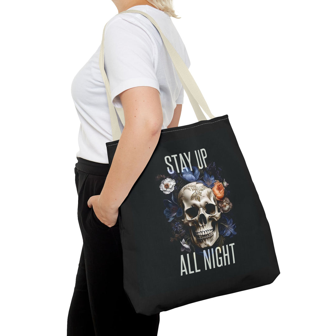 Skull & Floral Tote Bag, Stay Up All Night, Black AOP, Unique Gift, Festival Accessory, Eco-Friendly Shopping Bag