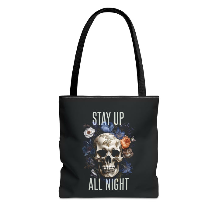 Skull & Floral Tote Bag, Stay Up All Night, Black AOP, Unique Gift, Festival Accessory, Eco-Friendly Shopping Bag