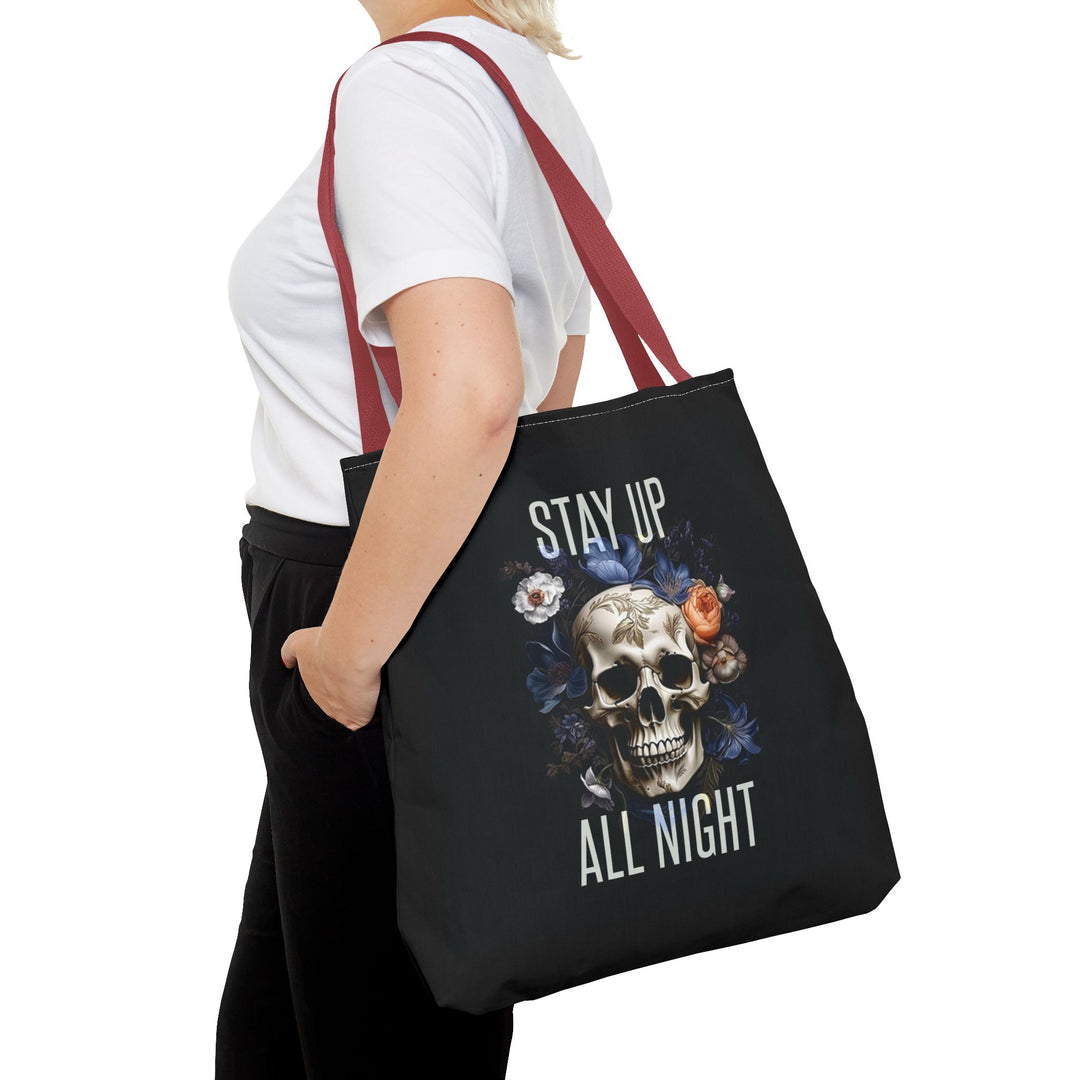 Skull & Floral Tote Bag, Stay Up All Night, Black AOP, Unique Gift, Festival Accessory, Eco-Friendly Shopping Bag