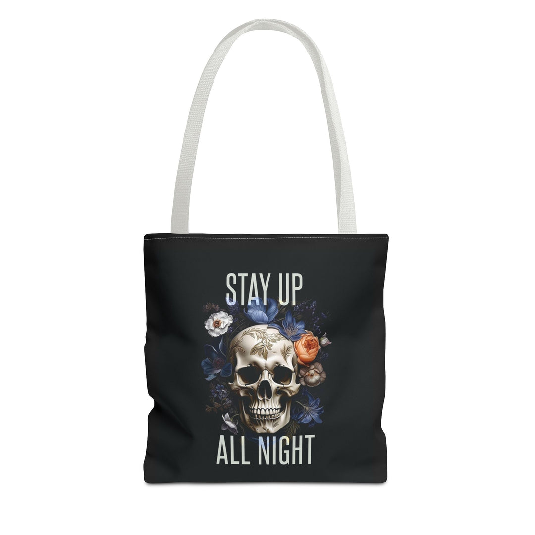 Skull & Floral Tote Bag, Stay Up All Night, Black AOP, Unique Gift, Festival Accessory, Eco-Friendly Shopping Bag