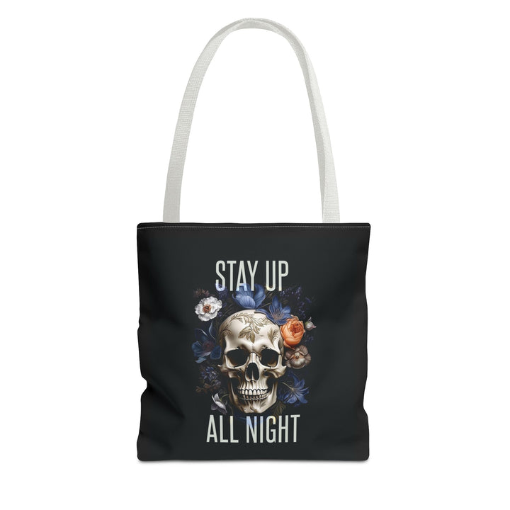 Skull & Floral Tote Bag, Stay Up All Night, Black AOP, Unique Gift, Festival Accessory, Eco-Friendly Shopping Bag