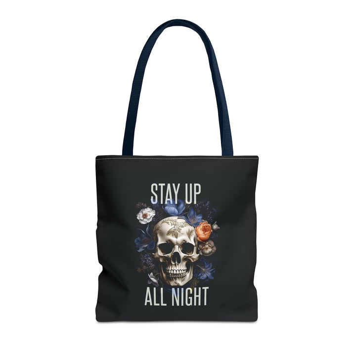 Skull & Floral Tote Bag, Stay Up All Night, Black AOP, Unique Gift, Festival Accessory, Eco-Friendly Shopping Bag