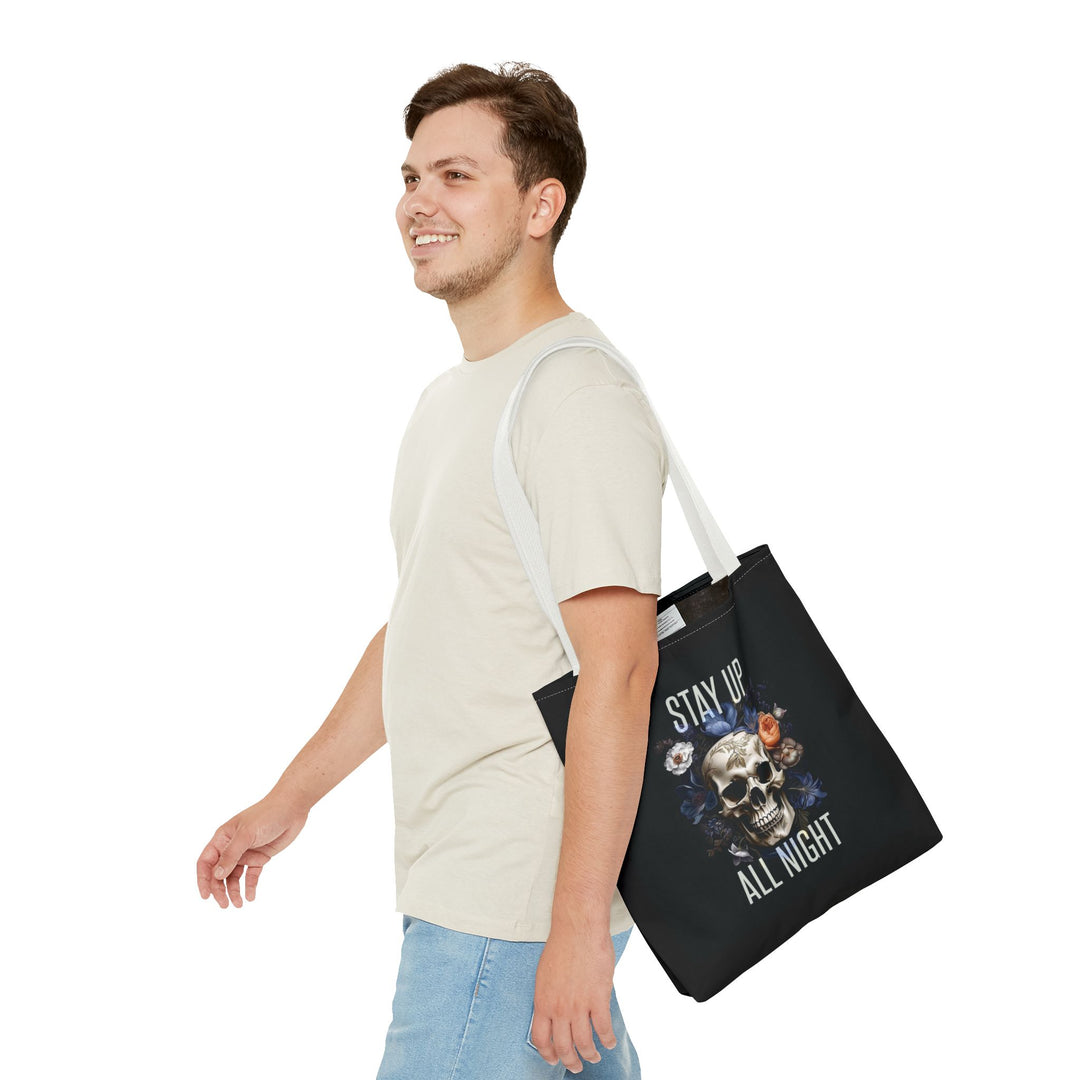 Skull & Floral Tote Bag, Stay Up All Night, Black AOP, Unique Gift, Festival Accessory, Eco-Friendly Shopping Bag