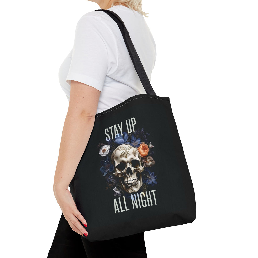 Skull & Floral Tote Bag, Stay Up All Night, Black AOP, Unique Gift, Festival Accessory, Eco-Friendly Shopping Bag